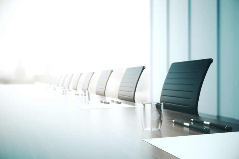 Table with equipment in conference room. Close up. 3D Rendering