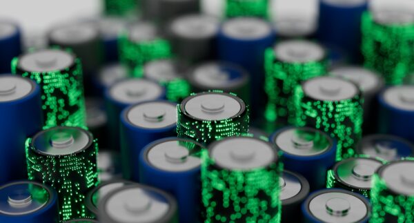 Blue and green image of batteries, battery manufacturing