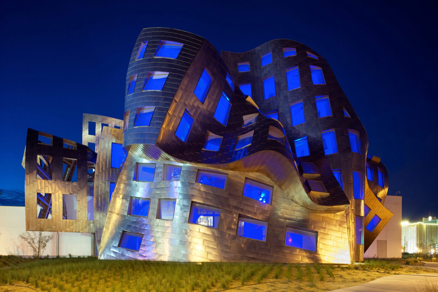 Lou Ruvo Center for Brain Health at night with windows lit up blue