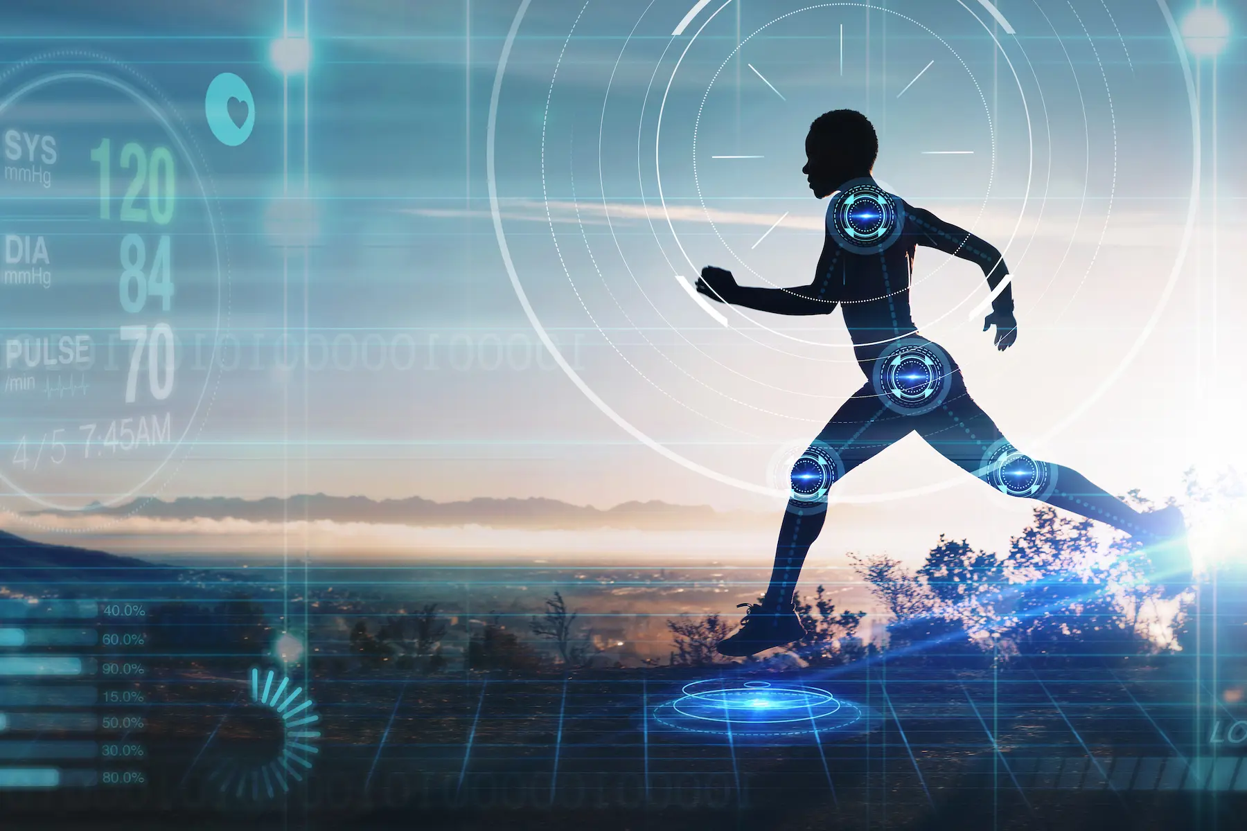 Silhouette of person running with biometrics displaying on screen