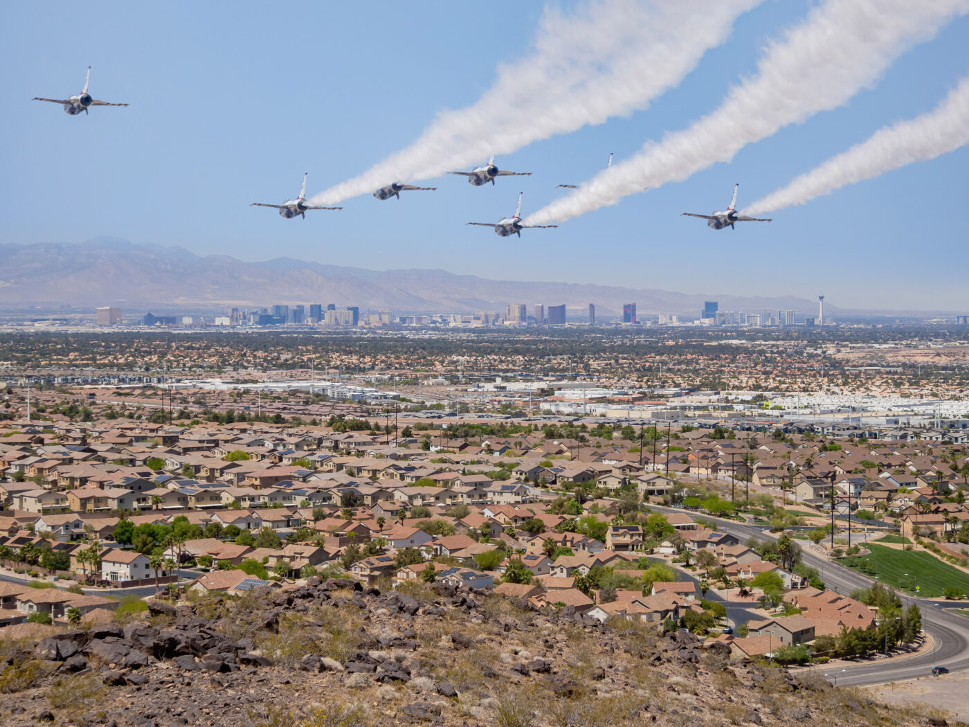 Close up shot of many Thunderbirds F-16 flying towards strip at Nevada