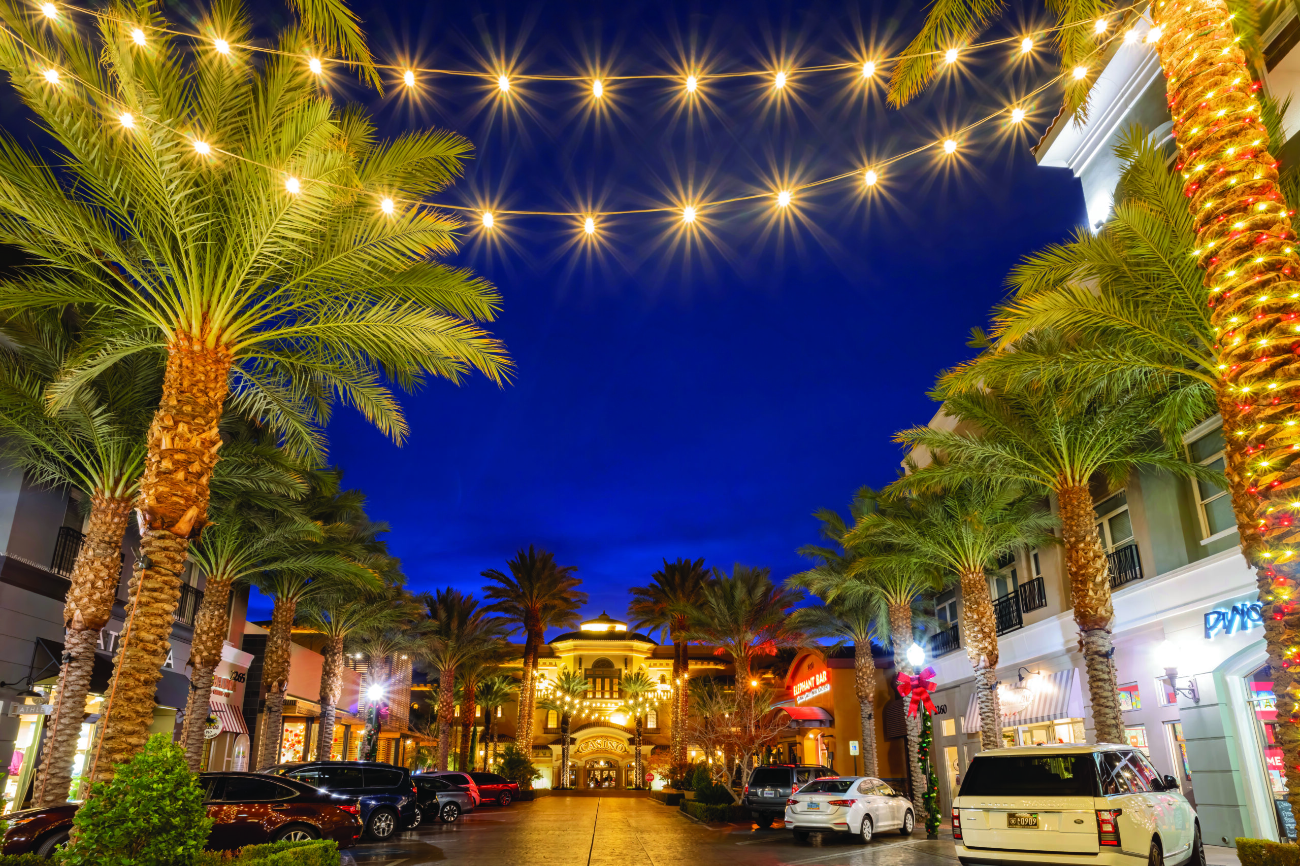 The District at Green Valley Ranch in Henderson Nevada with holiday lights and palm trees in an open-air shoping center.